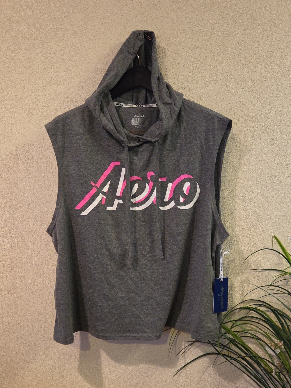 Aeropostale Gray Sleeveless Hoodie with Pink & White Logo Print Size 2X